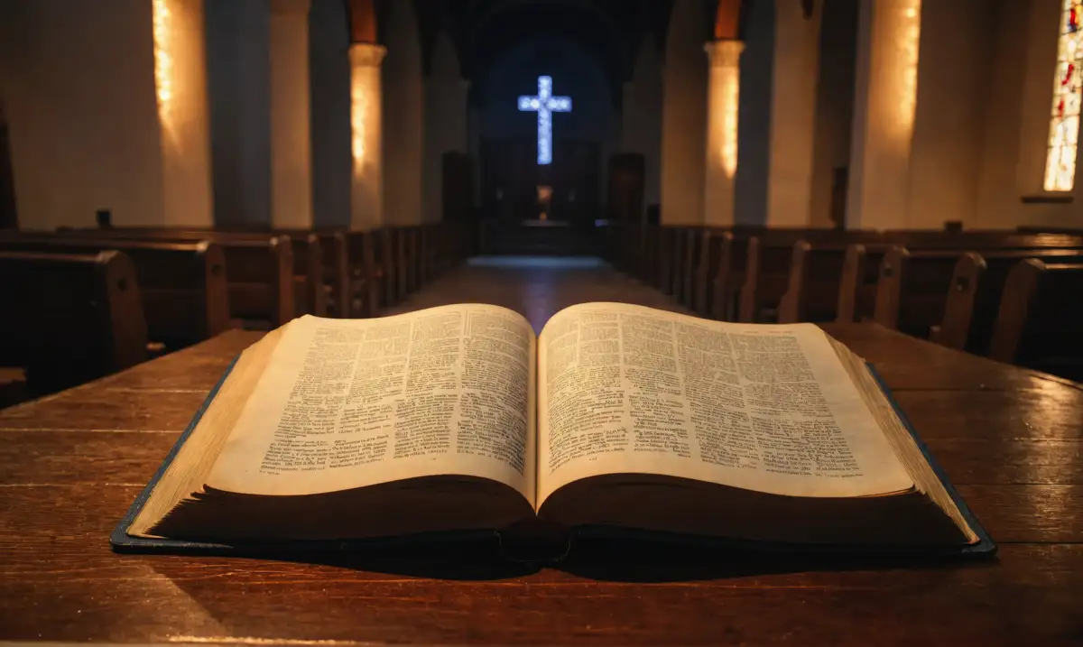 An open Bible on a pew inside a church, focused on Scripture with a glowing cross in the distance, symbolizing God’s presence in trials
